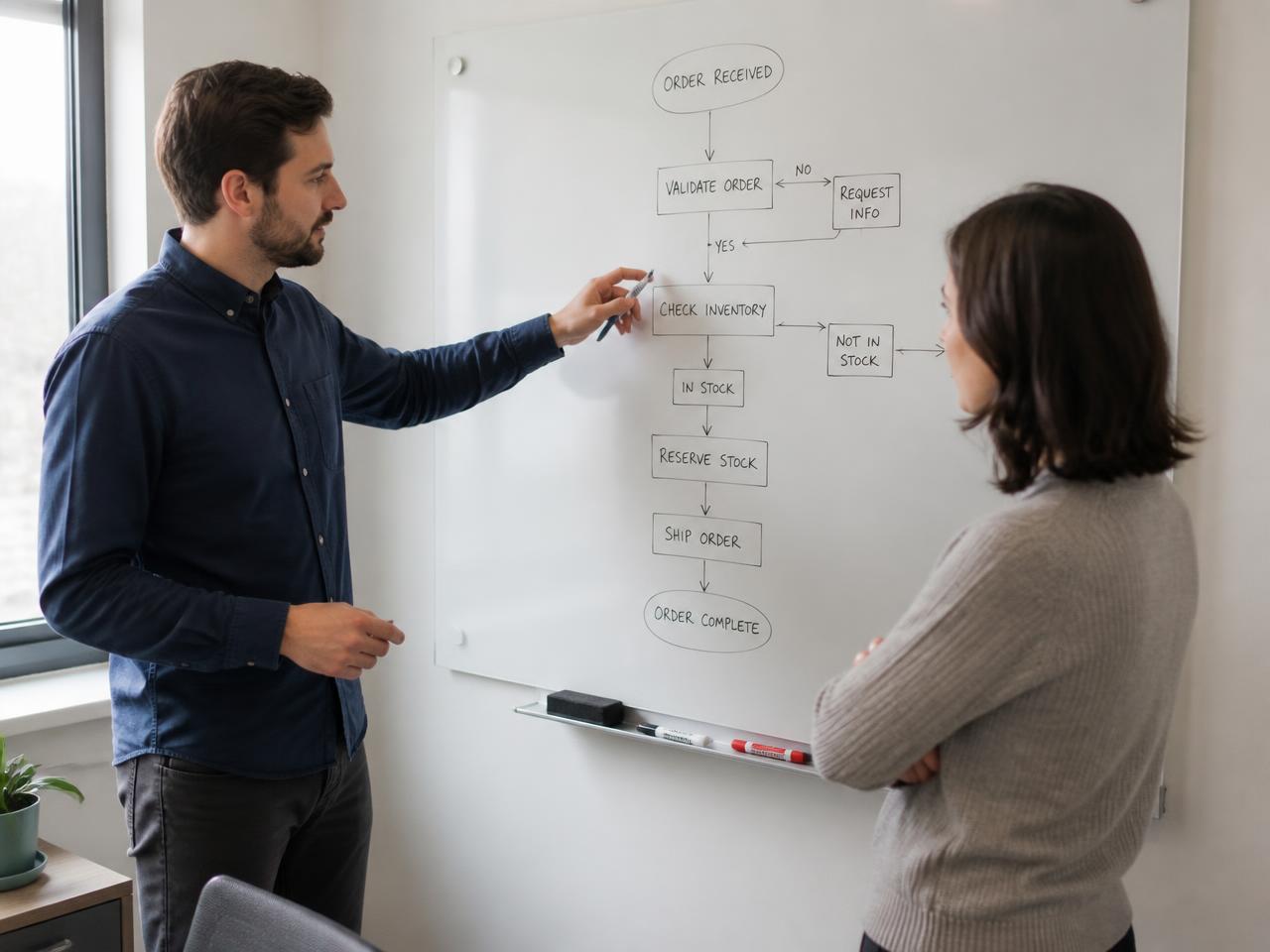 NorthByte consultant mapping a business process on a whiteboard with a client